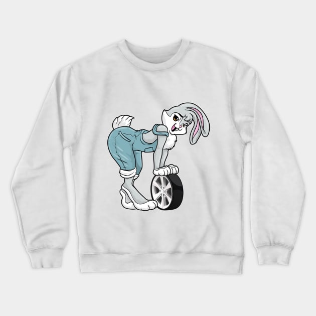 Rabbit as car mechanic with tires Crewneck Sweatshirt by Markus Schnabel